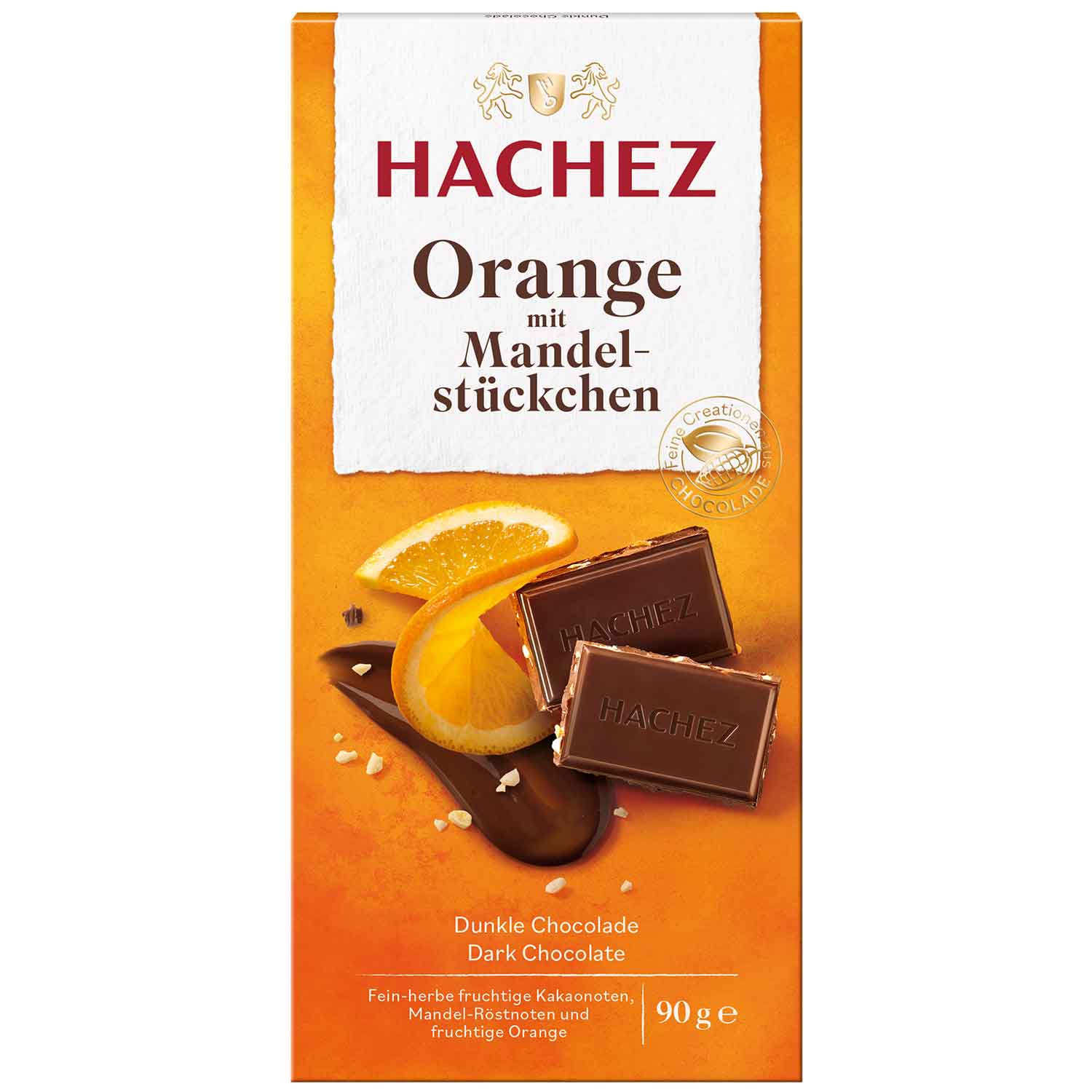 Hachez Orange mit Mandelstückchen 90g