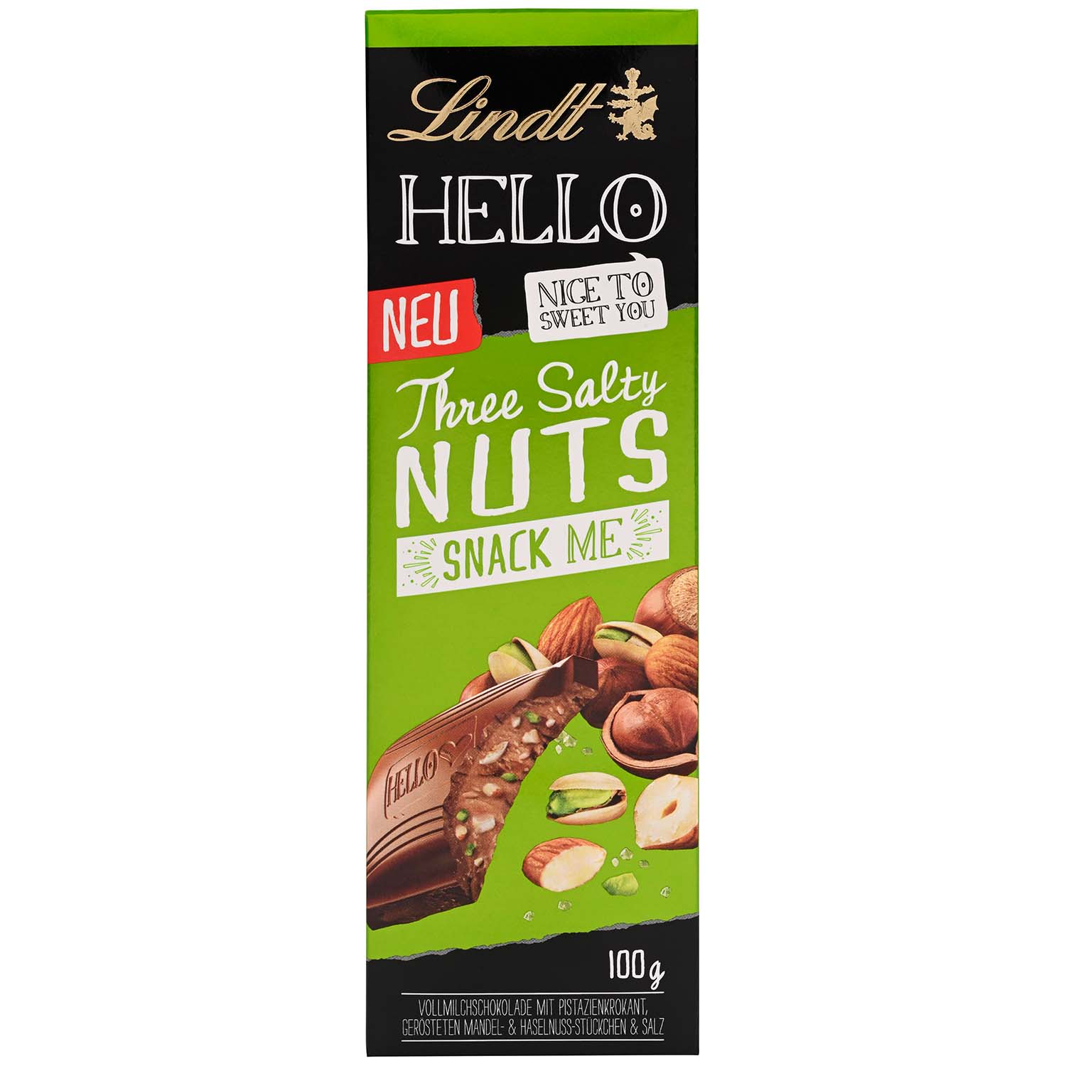 Lindt Hello Three Salty Nuts Vollmilch Tafel 100g