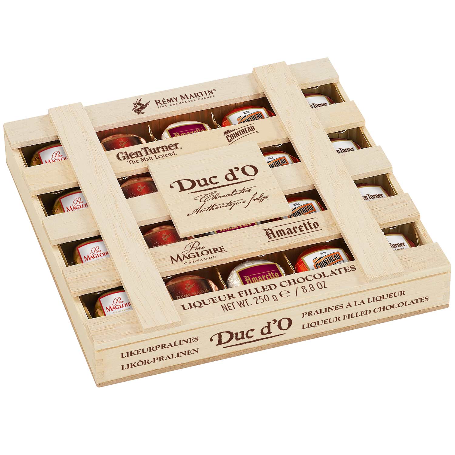 Duc d'O Liqueur Filled Chocolates Holzkiste 250g